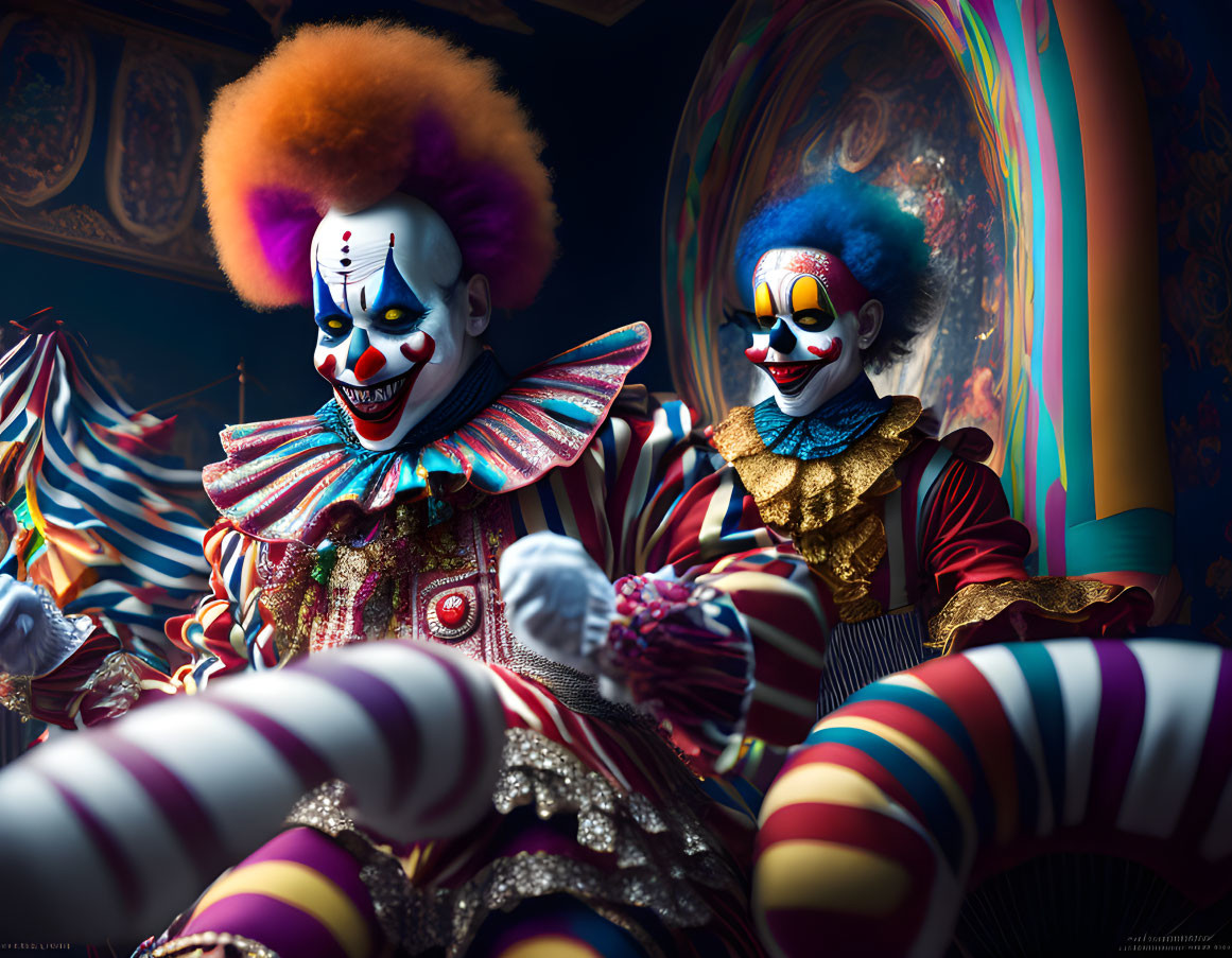 Vibrant clowns in colorful makeup and elaborate costumes at a whimsical circus