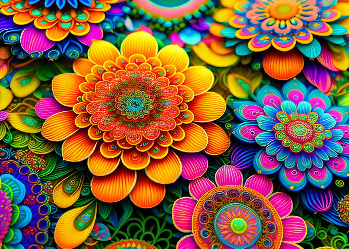 Colorful Psychedelic Floral Pattern with Intricate Designs