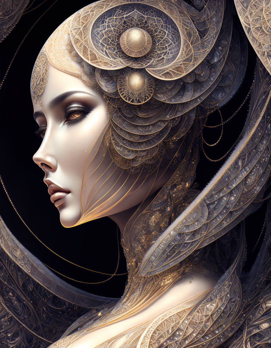 Intricate golden headdress and jewelry on woman in digital portrait