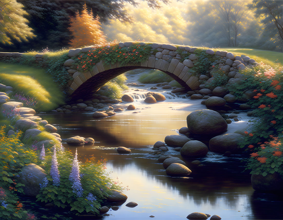 Tranquil stone bridge over lush stream in soft sunlight