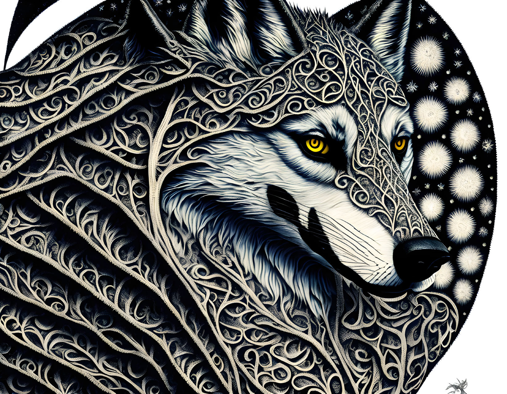 Detailed Wolf Illustration with Ornate Fur Patterns on Black Background