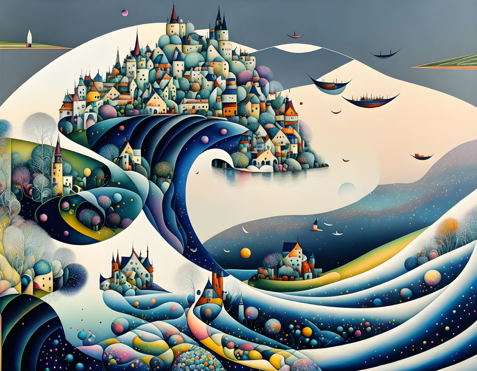 Fantasy landscape painting with stylized houses and flowing river