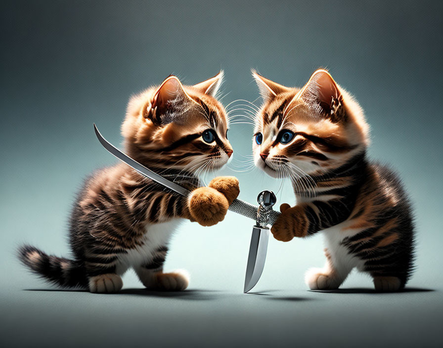 Two cute kittens play with knives on blue-gray background