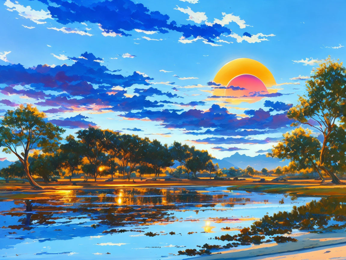 Colorful sunset landscape with large sun over tranquil water and scattered trees