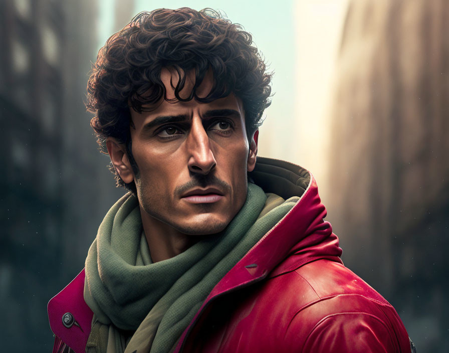 Man with curly hair in red jacket and green scarf against cityscape.