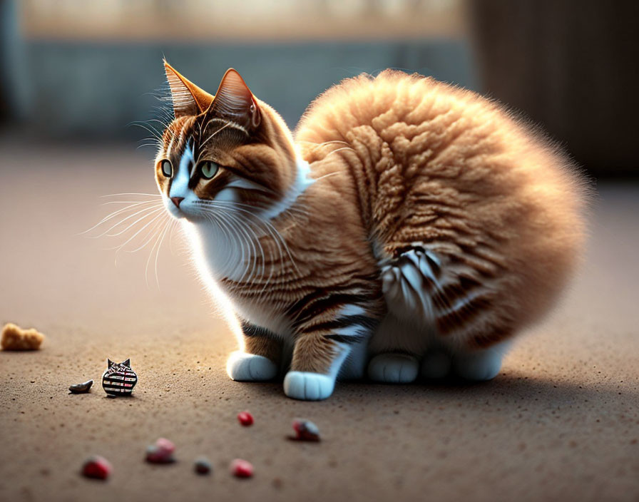 Tabby cat with striking patterns crouching on the ground