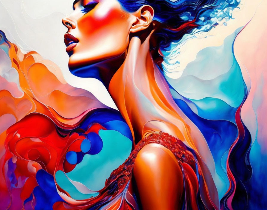 Colorful digital artwork: Woman with flowing hair merges into abstract waves and floral patterns