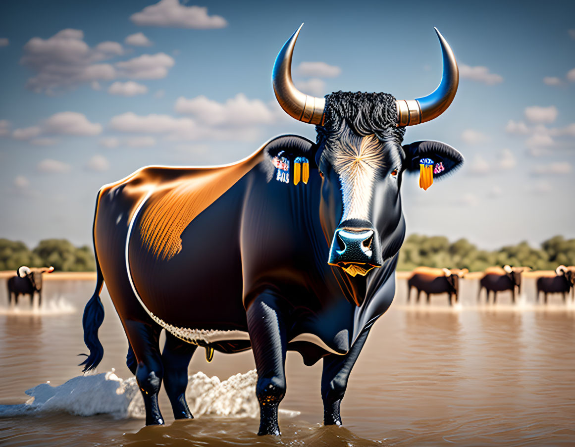 Stylized bull with shiny fur and horns in water with herd under blue sky