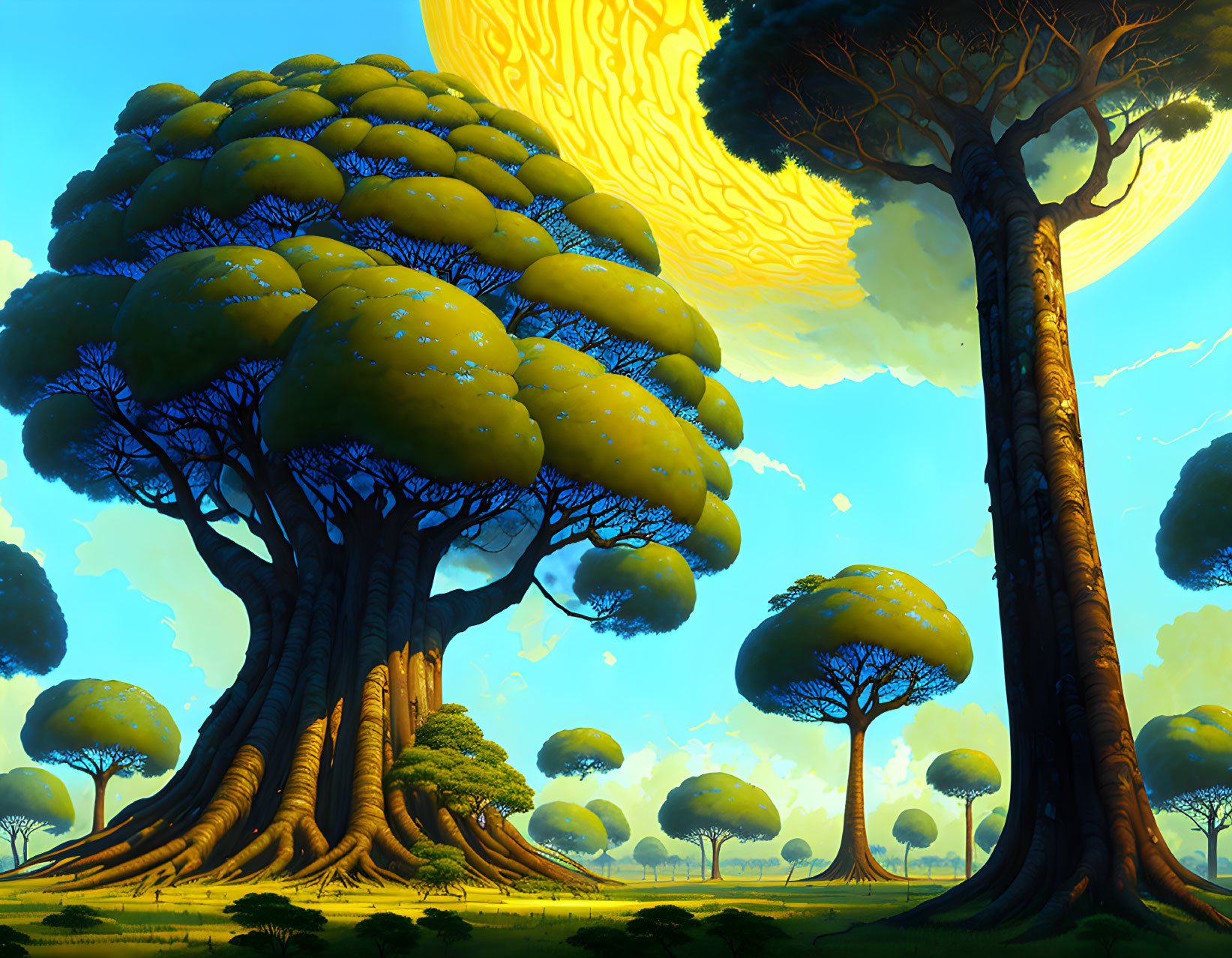 Vibrant oversized trees in fantastical landscape under swirling yellow sun