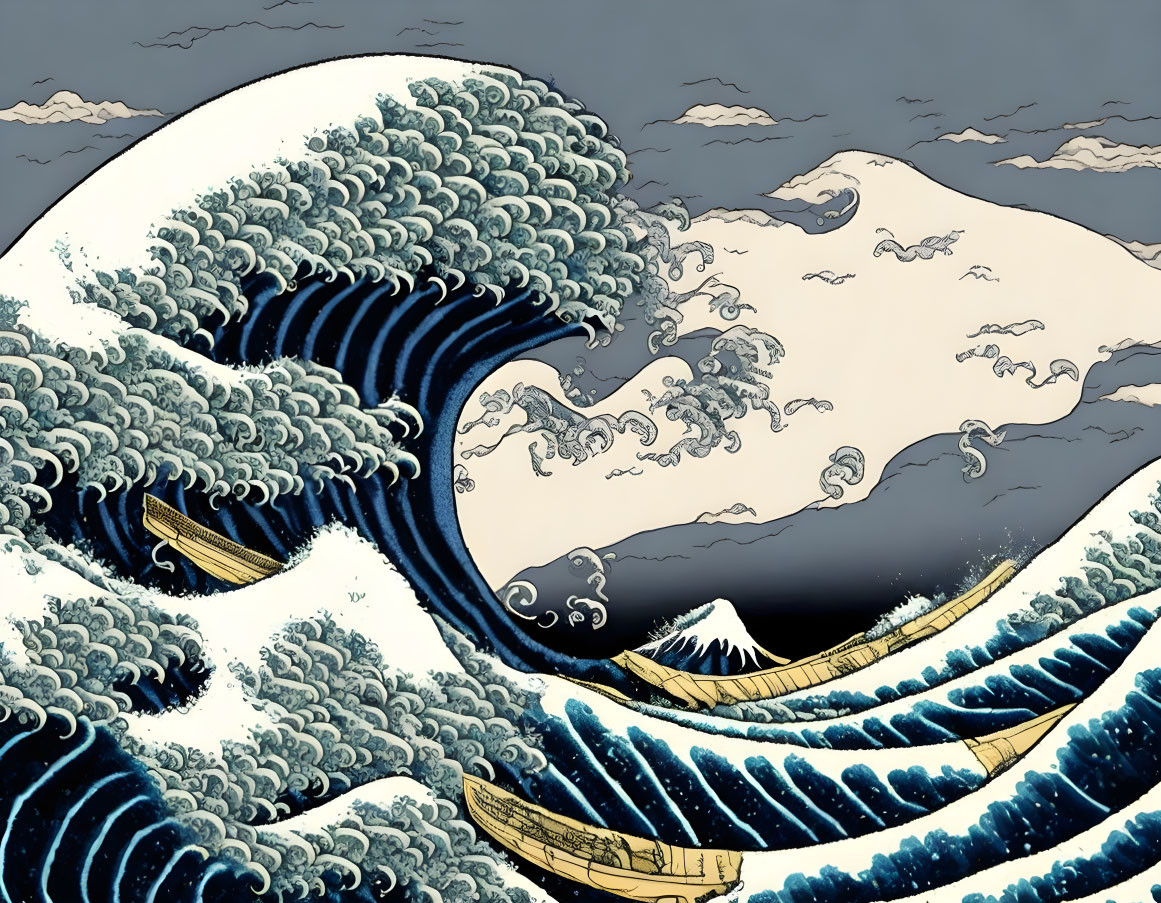 Stylized Great Wave off Kanagawa with Mt. Fuji and boats under cloudy sky