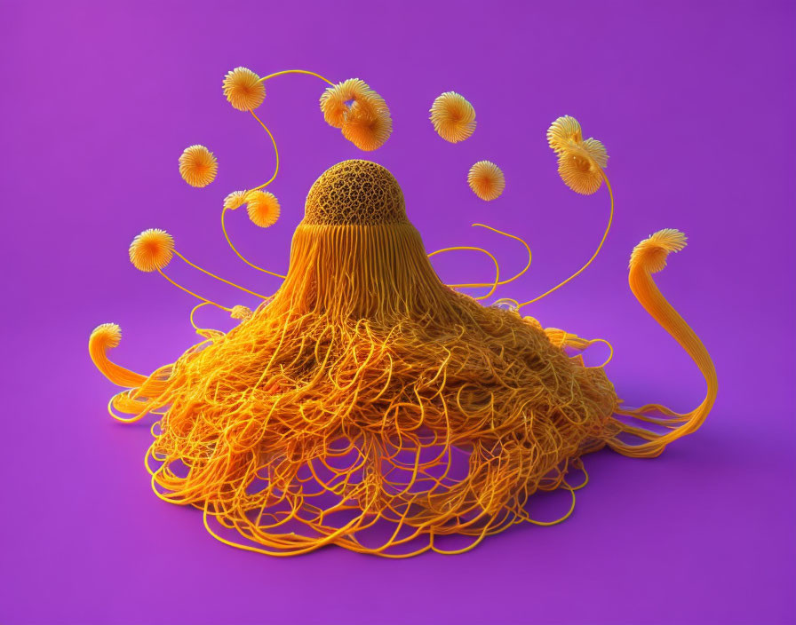 Colorful 3D illustration of orange structure with tendrils and spheres on swirling stems against purple background