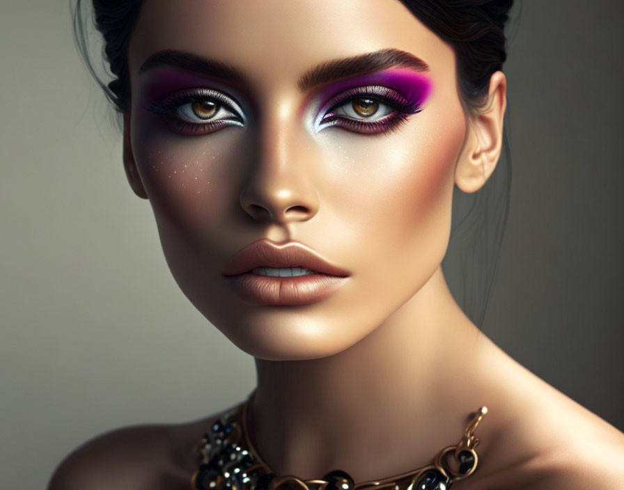 Vibrant pink and blue eyeshadow on woman with full lips & adorned necklace