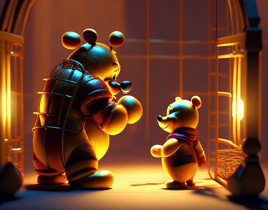 Two animated bears with honeycomb backpack and honey pot in warmly lit room