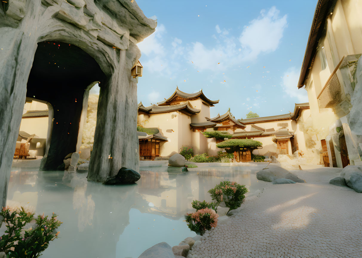 Traditional Asian courtyard with stone paths, tranquil water, bonsai trees, and floating lanterns.