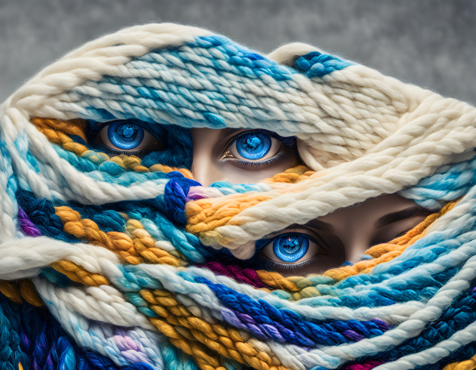 Close-up of person's face with colorful knitted scarf and striking blue eyes