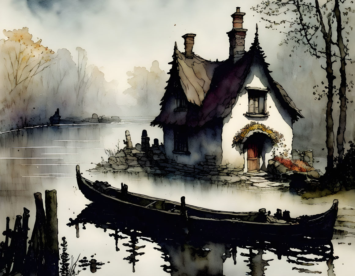 Thatched cottage near misty lake with moored canoe