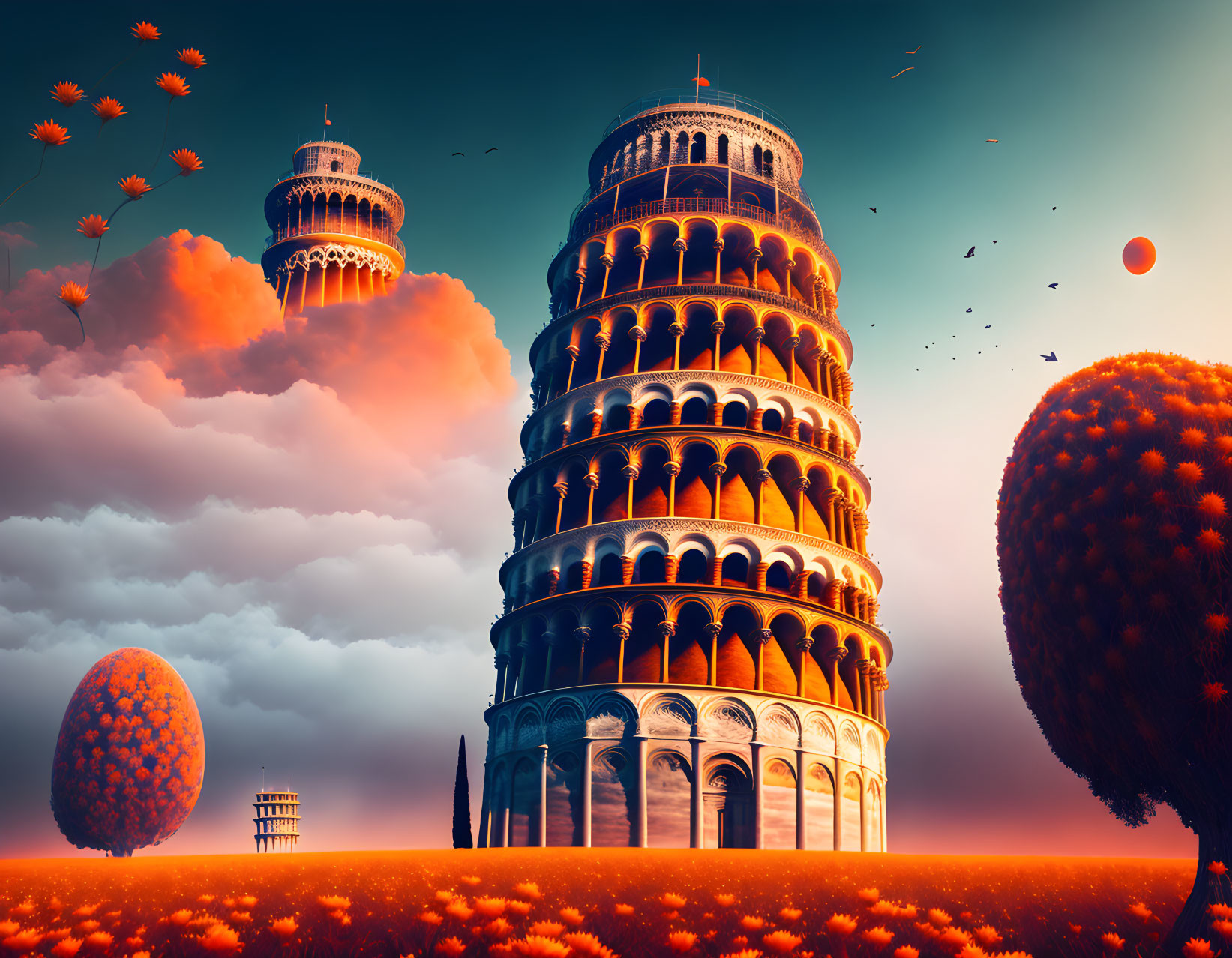 Surreal landscape featuring multiple leaning towers among orange trees