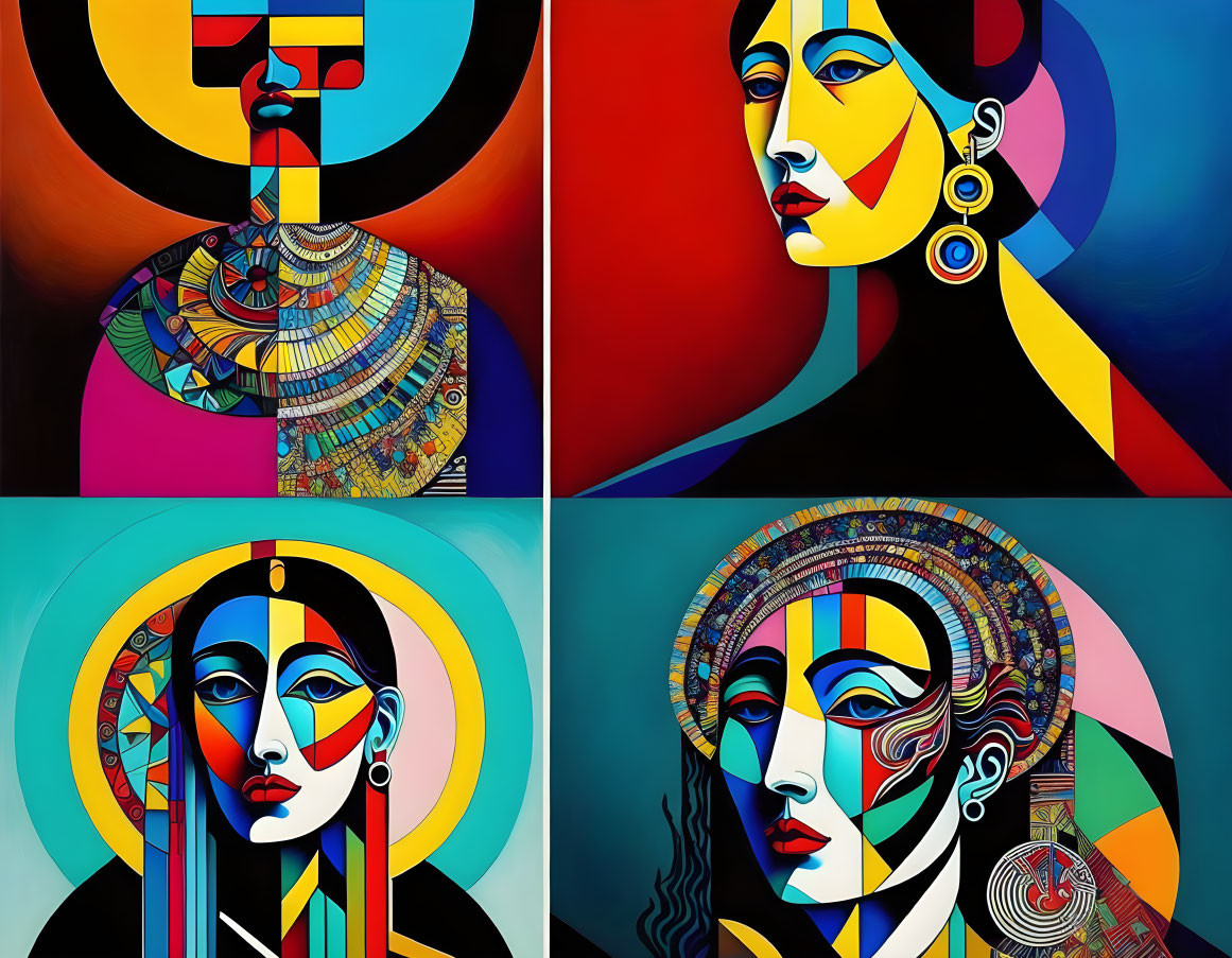 Four vibrant geometric patterned portraits with abstract and cubist influences