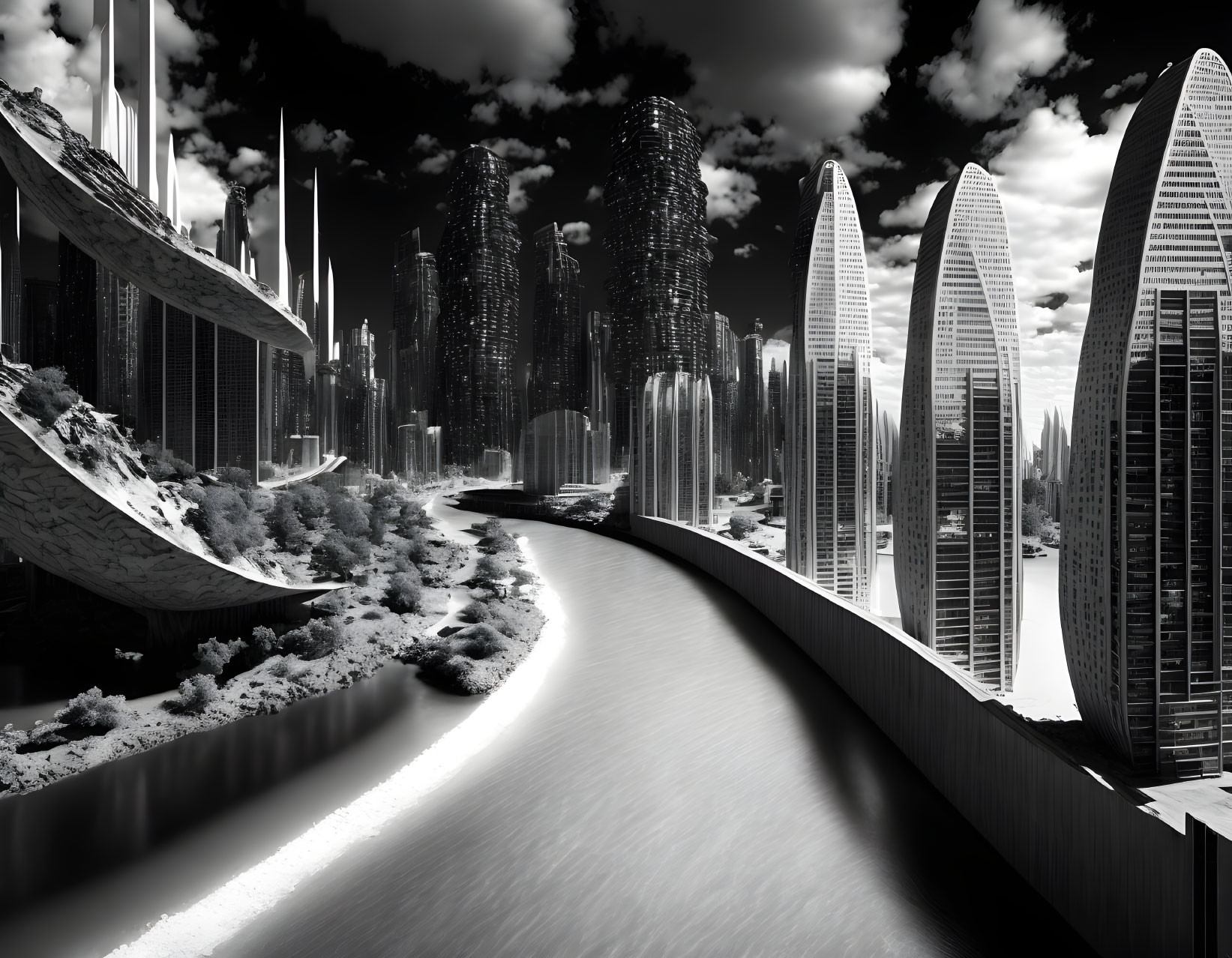 Monochromatic futuristic cityscape with sleek skyscrapers and winding river