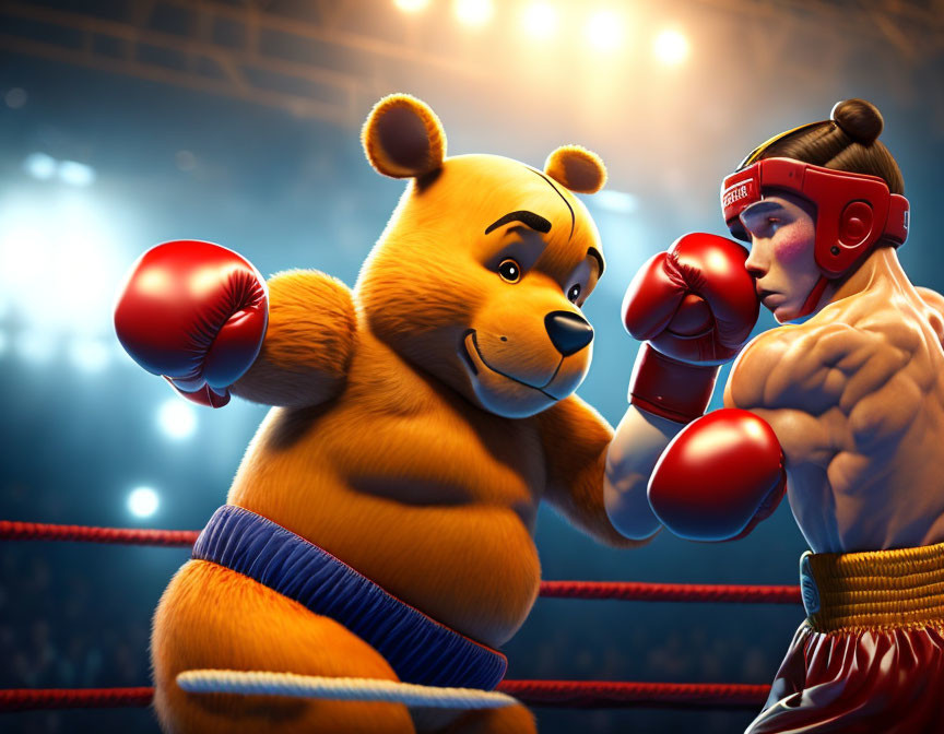 Muscular man and bear boxer face off in brightly lit arena