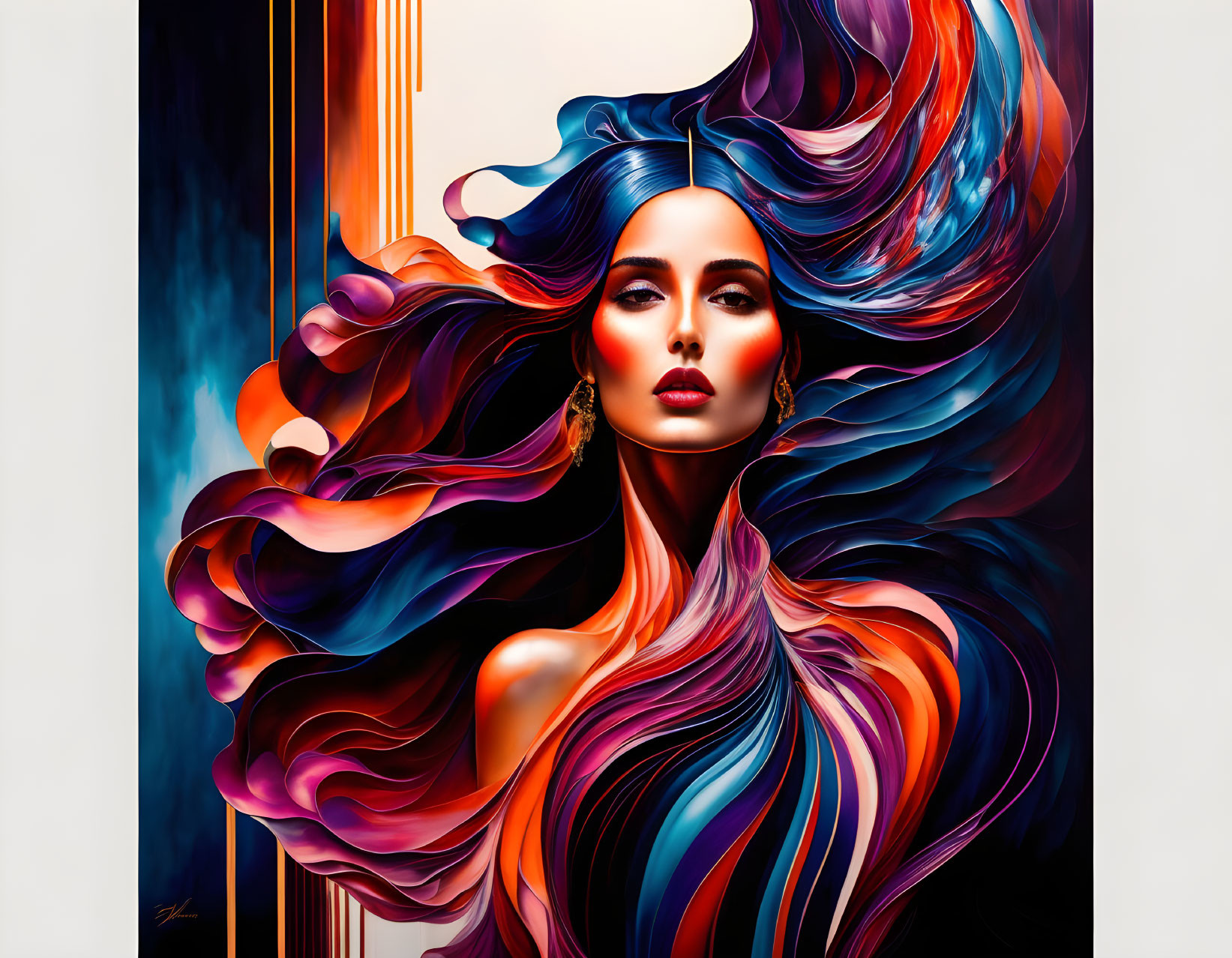 Vibrant digital artwork: woman with colorful hair on dark gold background