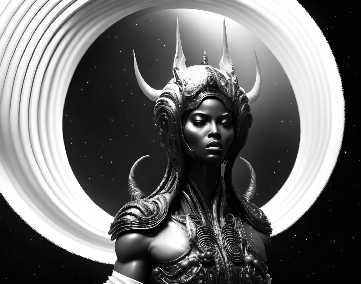 Monochrome fantasy illustration: regal female figure in horned helmet and armor against celestial rings.