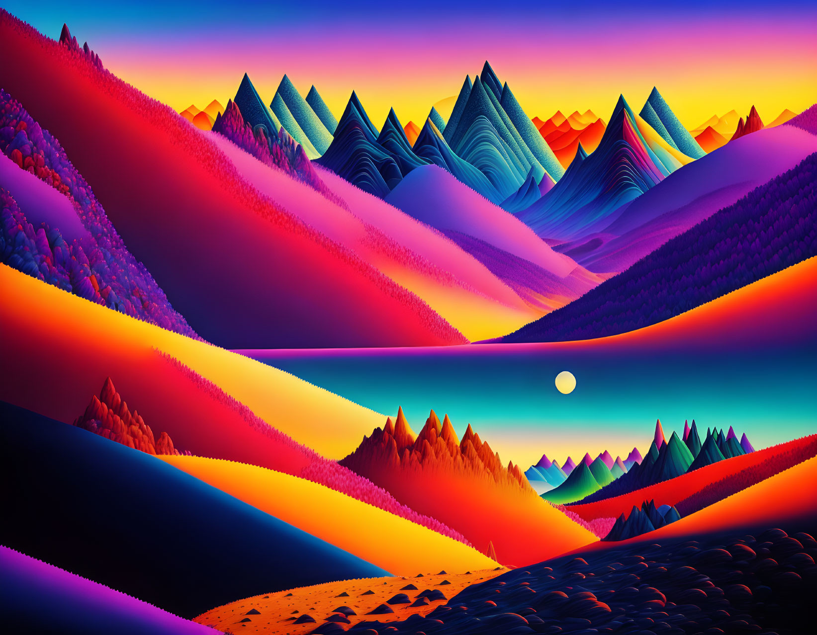 Colorful surreal landscape: layered mountains, sunset sky, moon, rippled water.