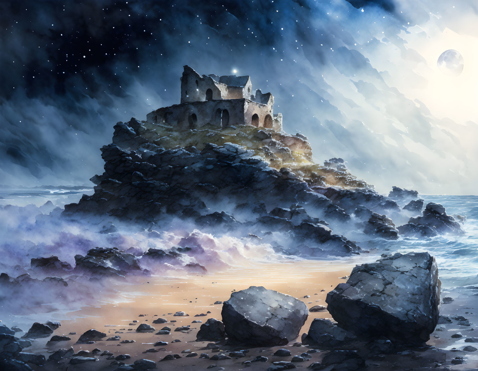 Dilapidated castle on craggy islet under starlit sky