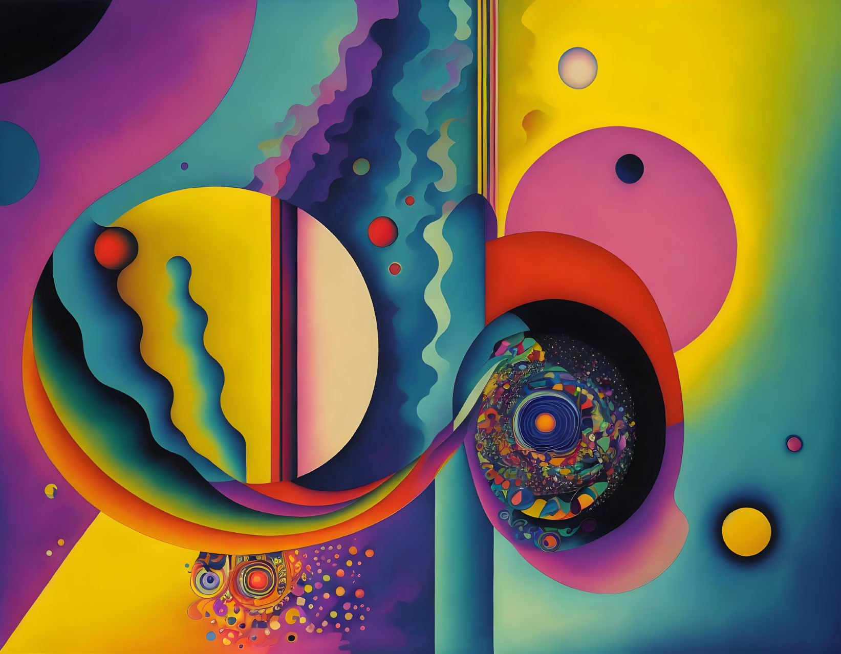 Colorful Abstract Painting with Swirling Patterns and Circular Shapes