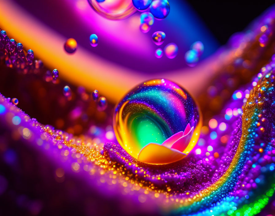 Colorful Macro Photograph of Water Droplet on Glittering Surface