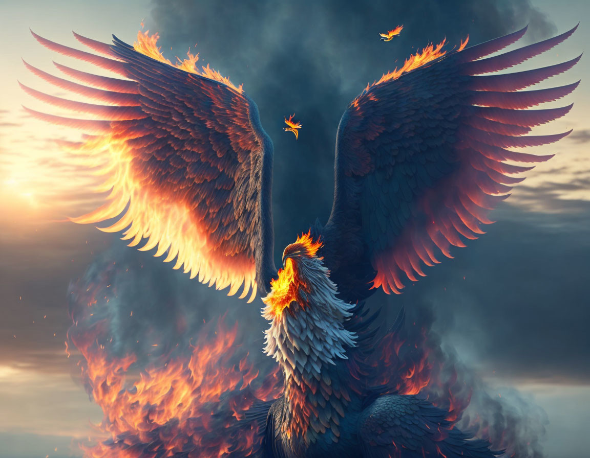 Majestic phoenix flying with fiery wings at sunset