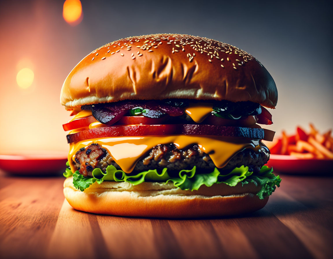 Succulent double cheeseburger with fresh toppings on wooden surface