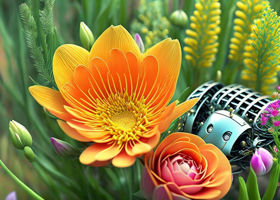 Detailed digital art: Vibrant orange flower with whimsical robotic creature in lush flora