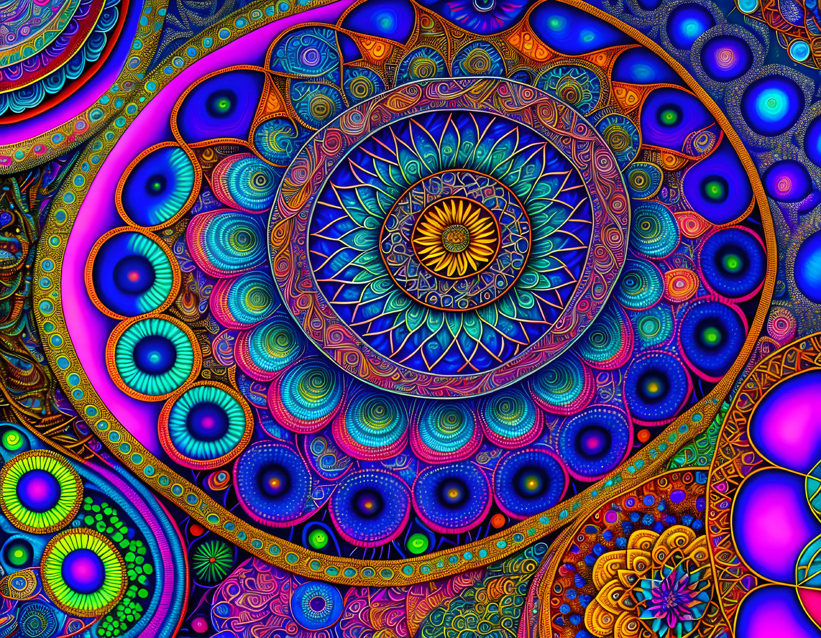 Colorful Psychedelic Fractal Art with Circular and Floral Patterns