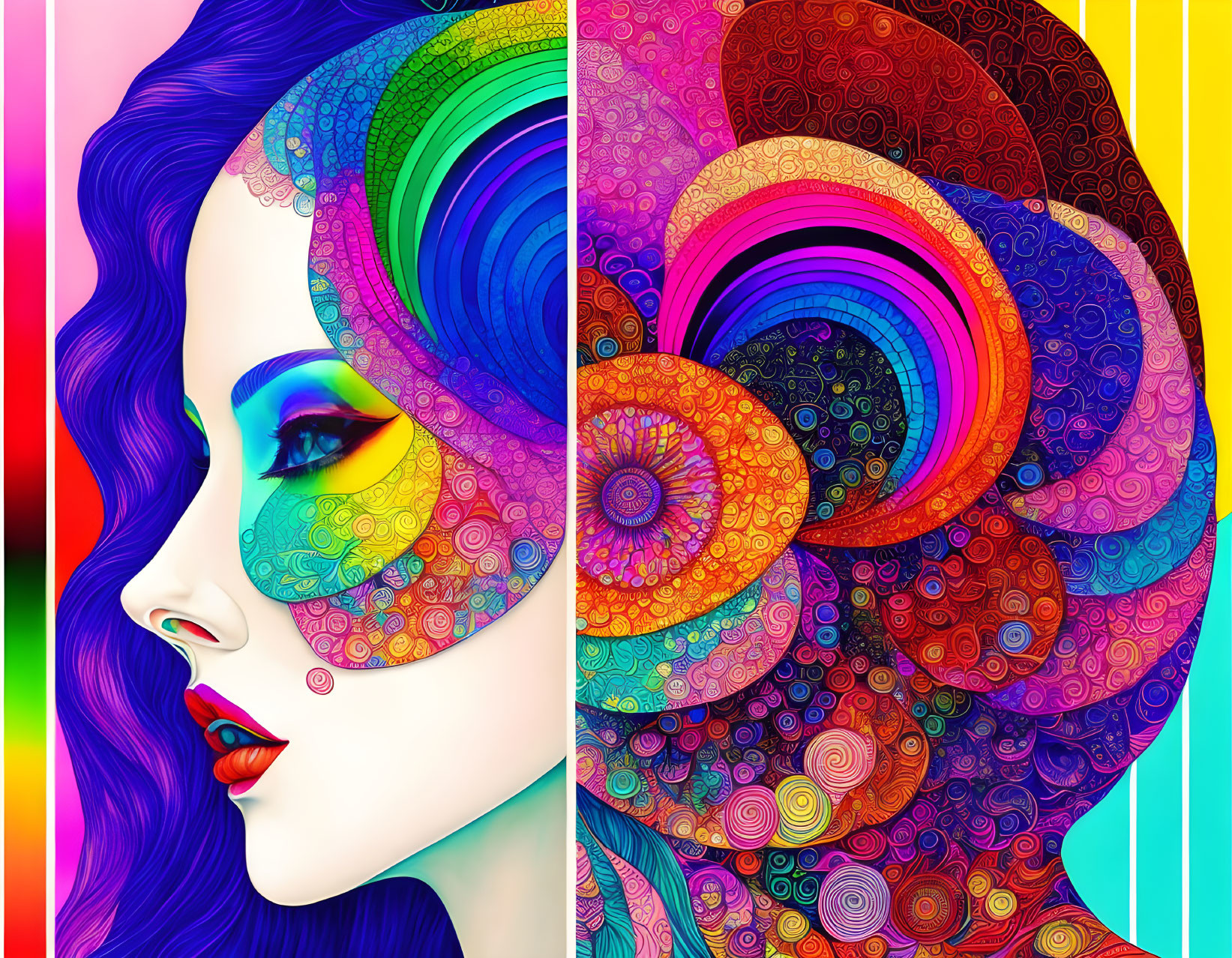 Colorful digital art featuring a woman with vibrant, patterned hair in abstract rainbow swirls