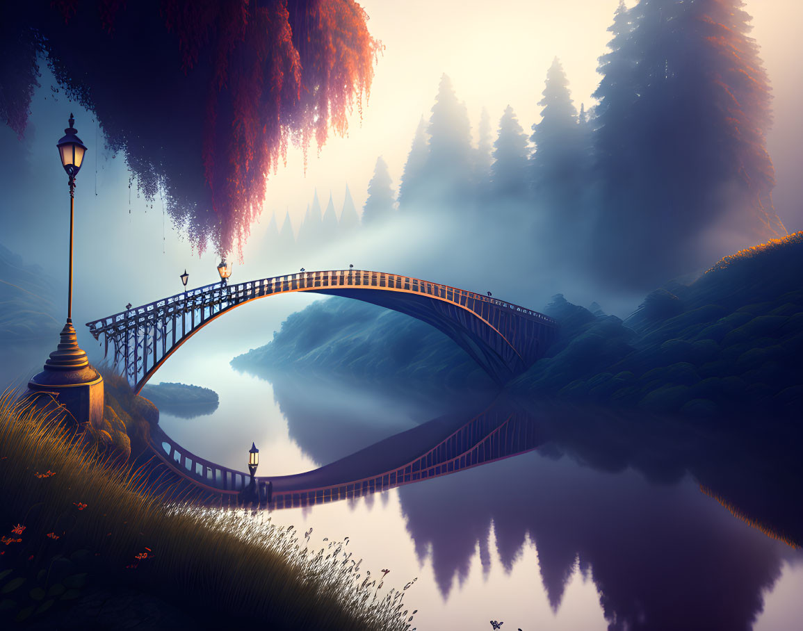 Tranquil digital art: curved bridge over calm lake with misty forests