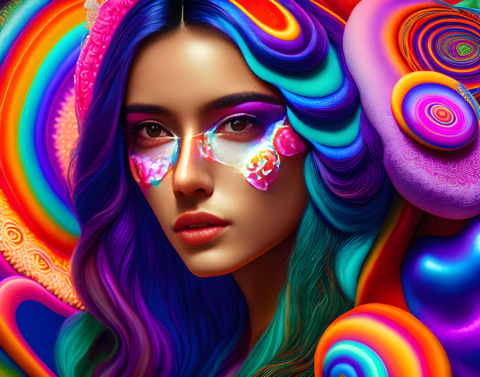 Colorful digital artwork: Woman with multicolored hair and heart-shaped sunglasses