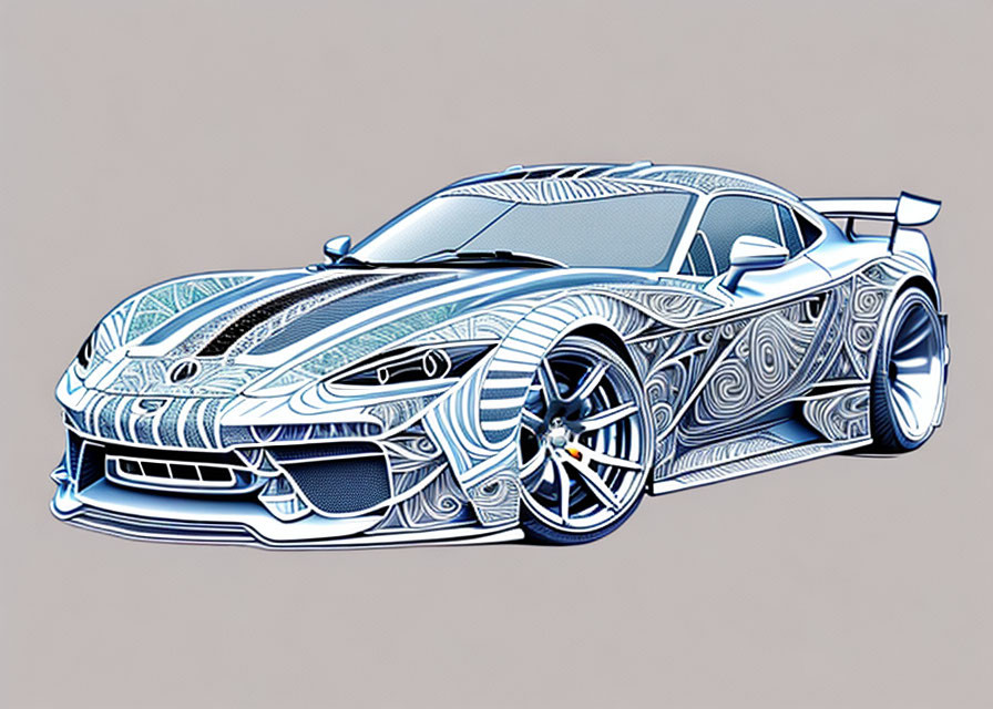 Sports car illustration with intricate tribal-style patterns on neutral background