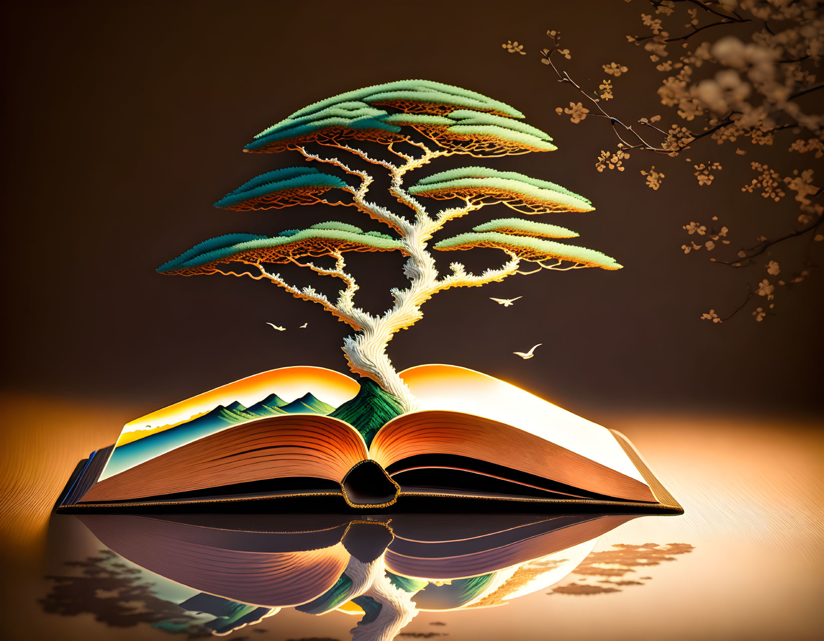 Vibrant 3D landscape with tree, birds, and blossoms on open book