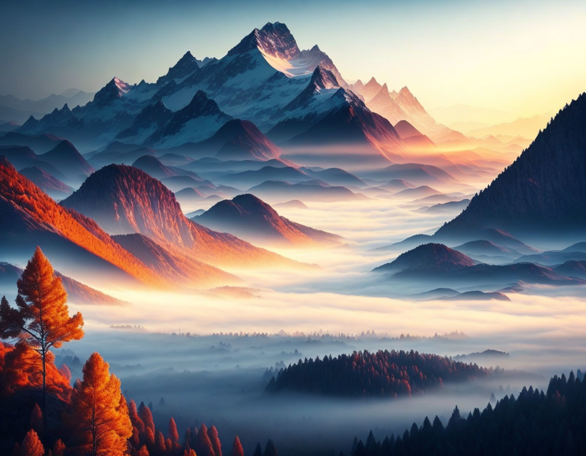 Tranquil twilight landscape with layered mountains and misty valleys