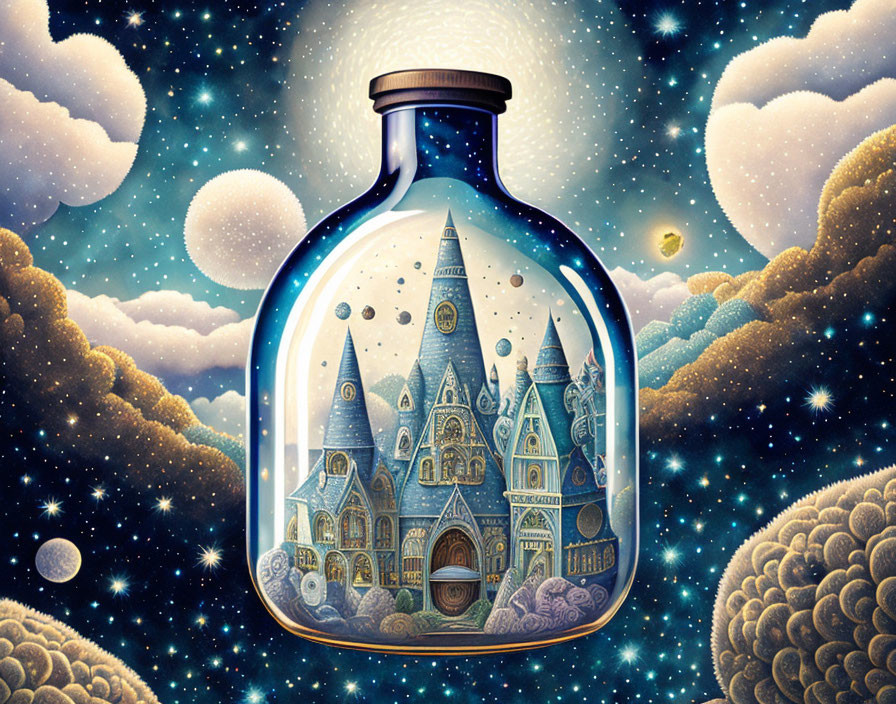 Whimsical castle in glass bottle under starry night sky