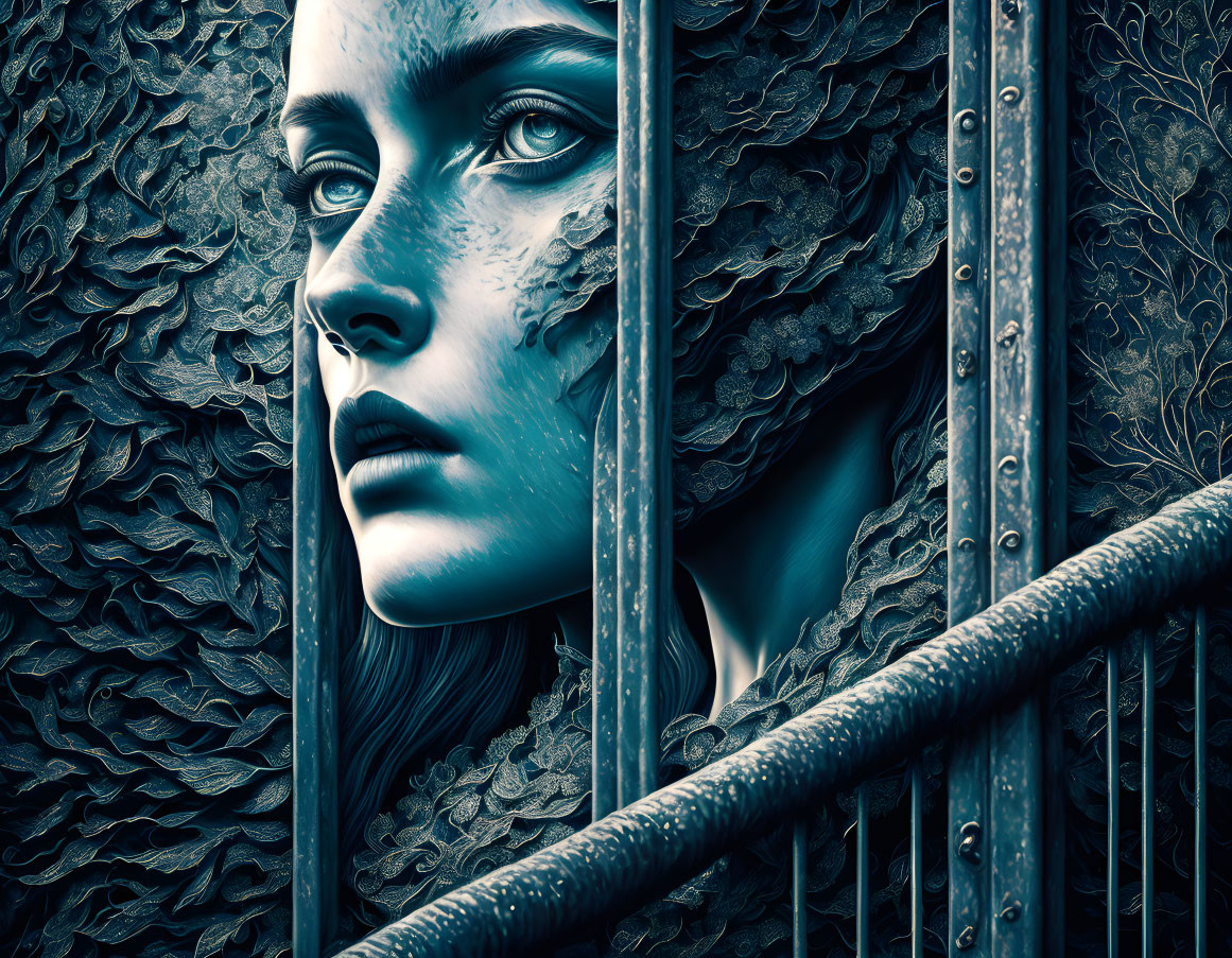 Surreal portrait of woman with leaf-like skin patterns and blue hues