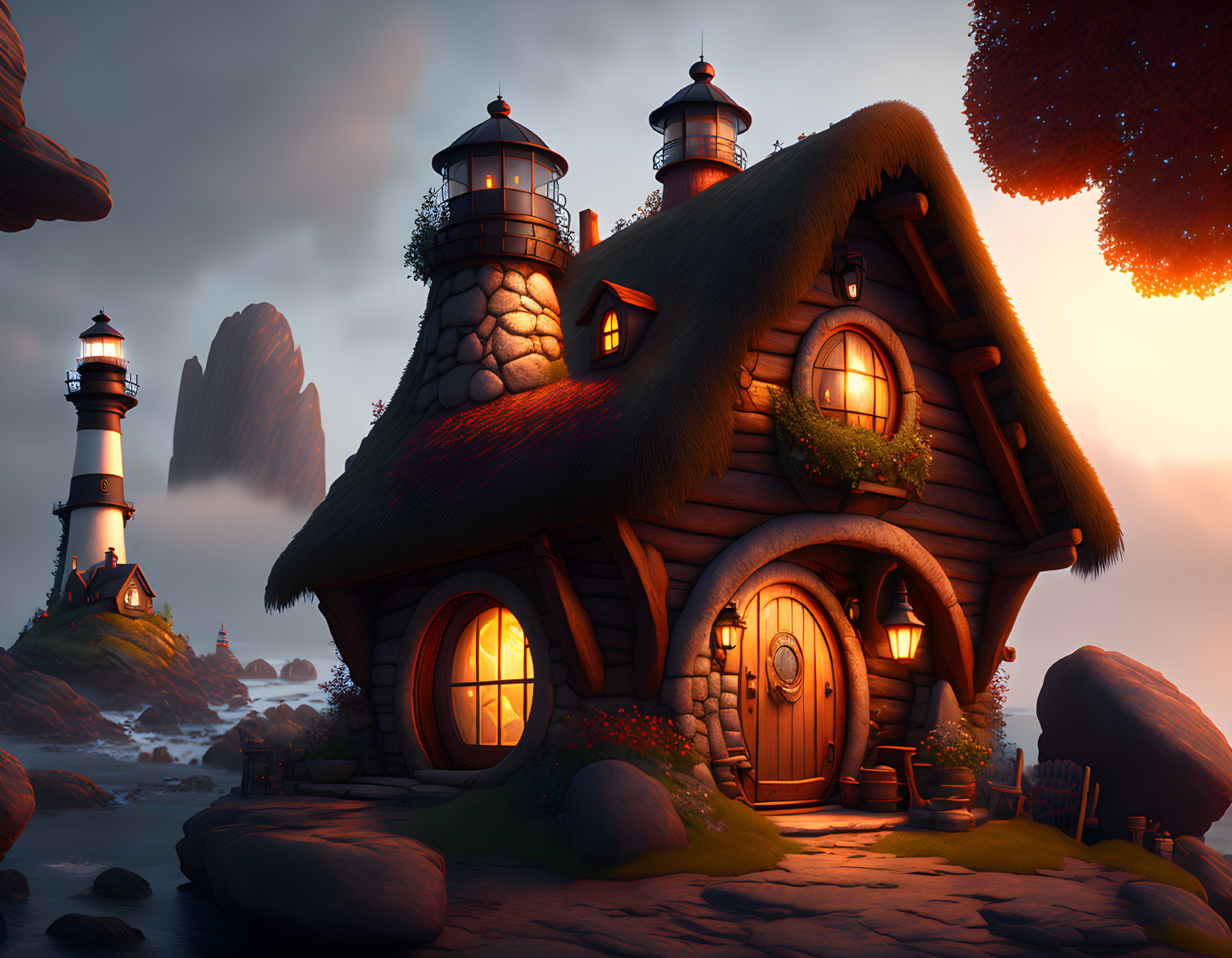 Charming fantasy cottage by the sea at dusk