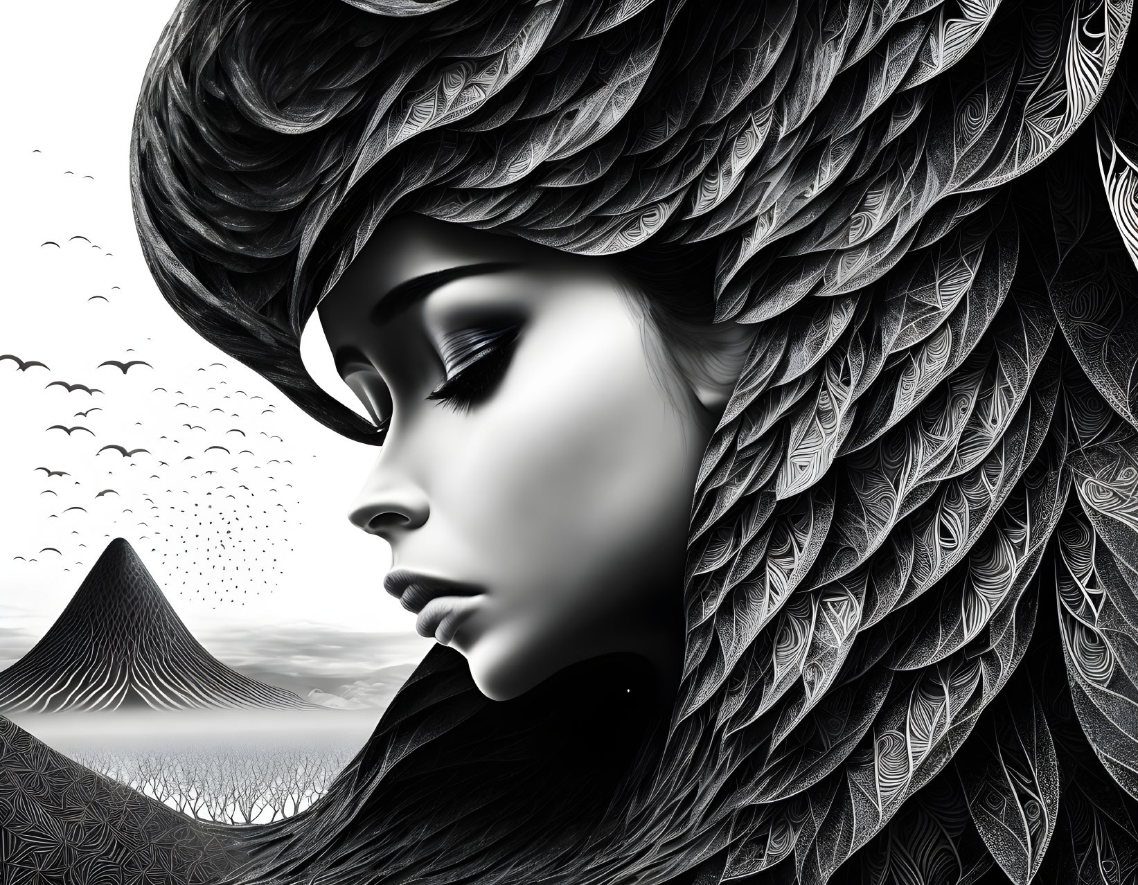 Monochromatic digital artwork of woman with ornate wing-like hair, mountains & birds.