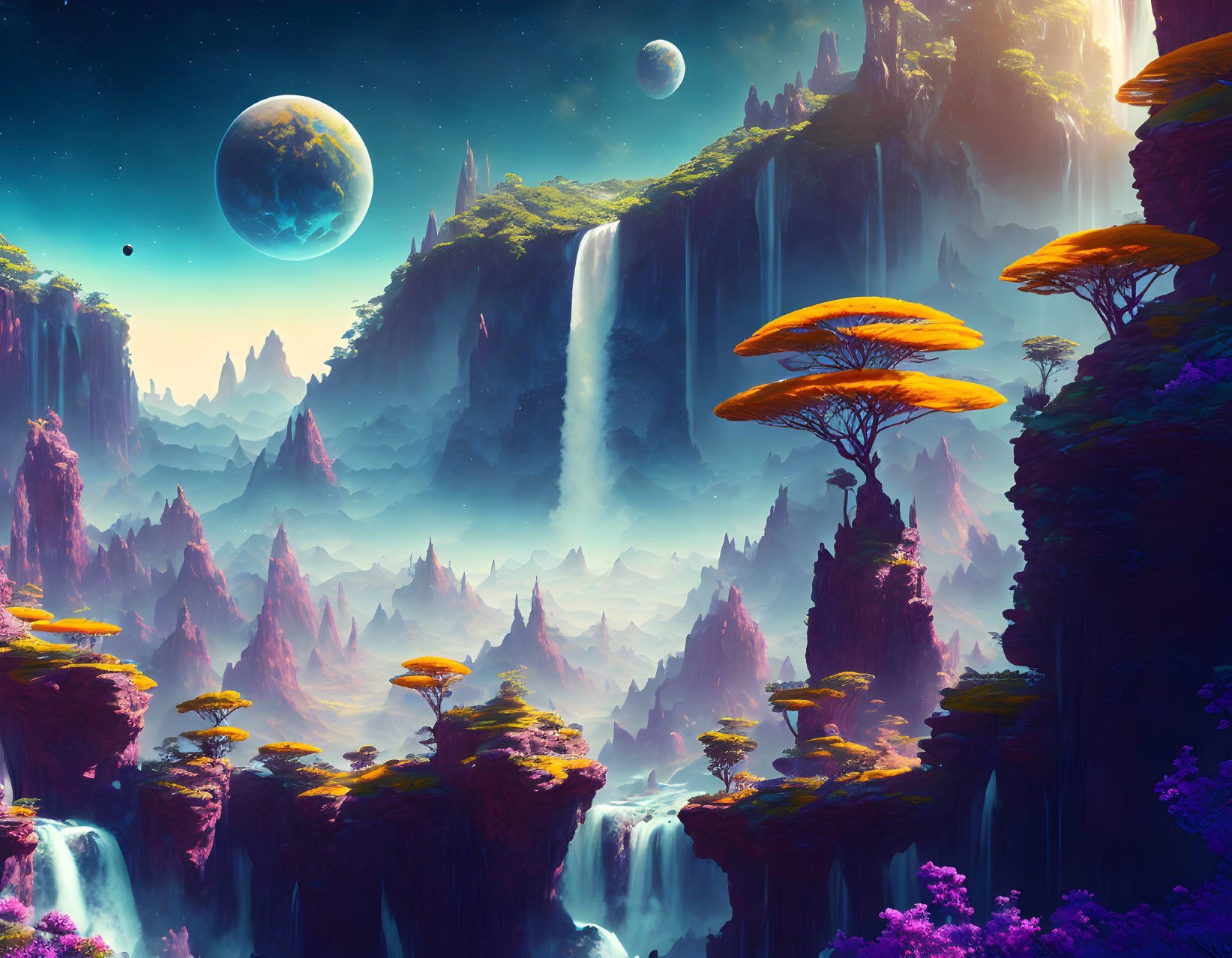 Exotic alien landscape with towering mountains and waterfalls