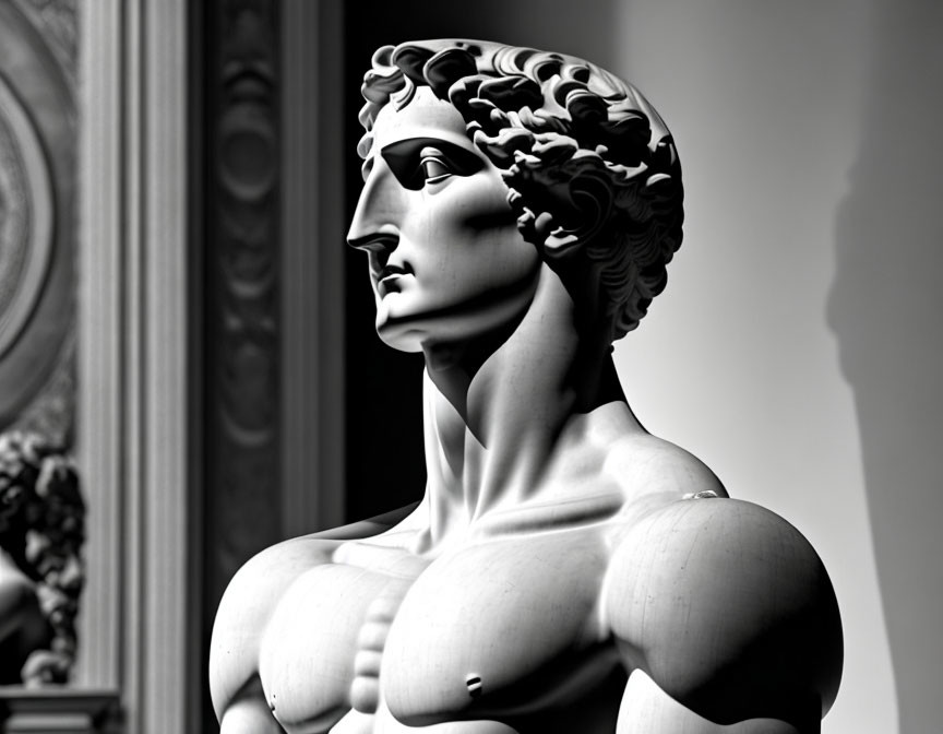 Monochrome photo of classical sculpture head and torso with dramatic shadow