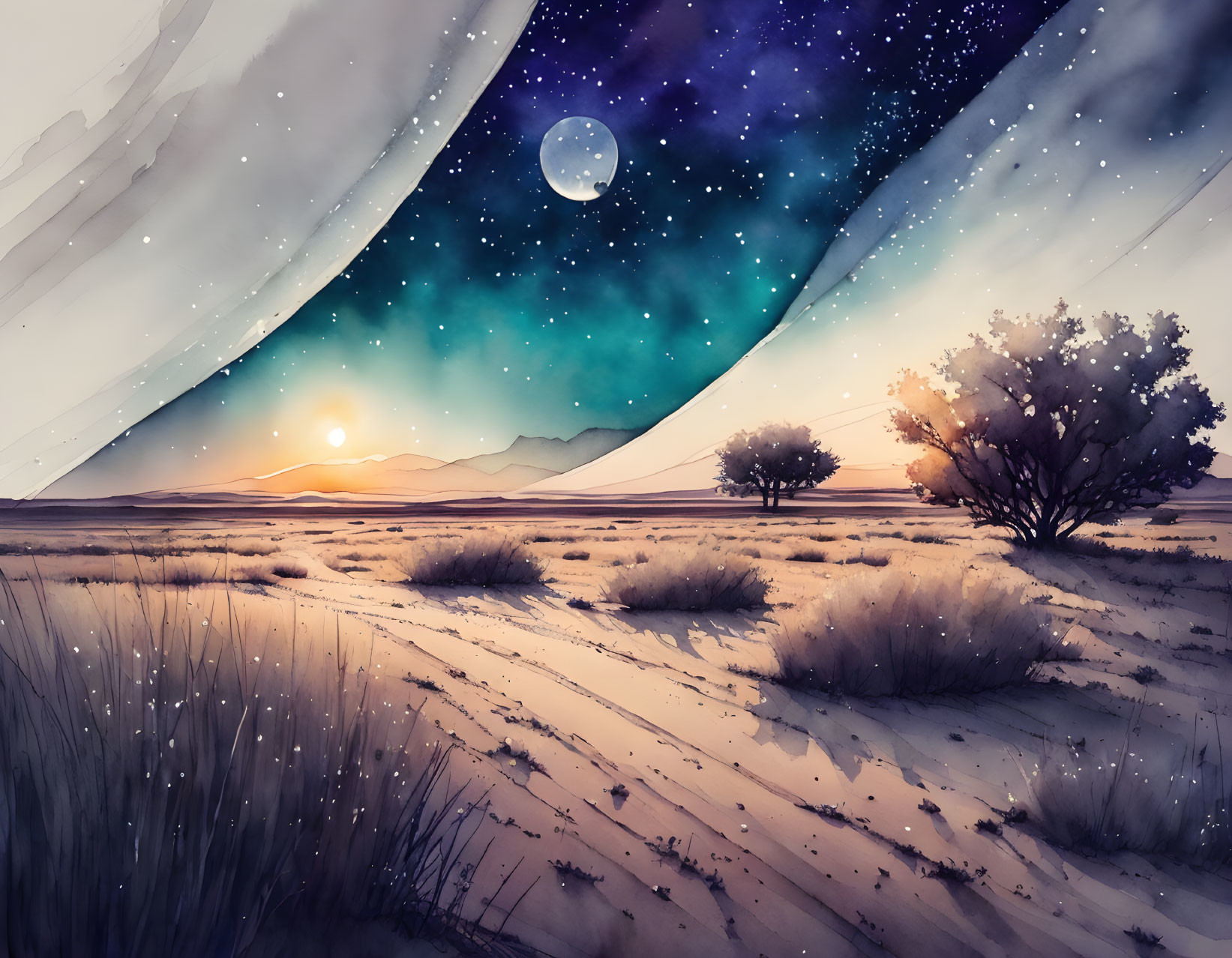 Desert sunset illustration with mountains and starry night sky