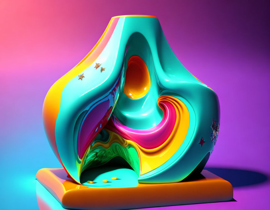 Vibrant abstract sculpture in blue, green, yellow swirls on purple-pink backdrop