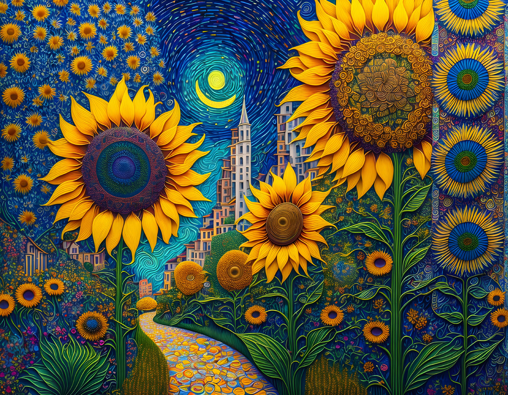 Colorful Sunflower Artwork with Starry Night Sky and Cityscape