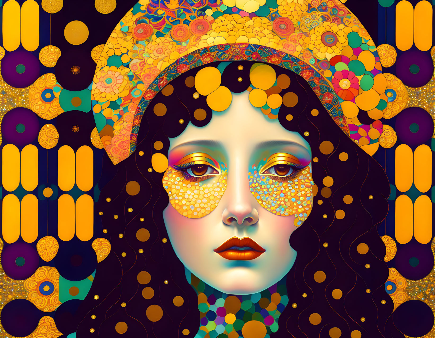 Colorful Woman Illustration with Intricate Patterns on Dark Background